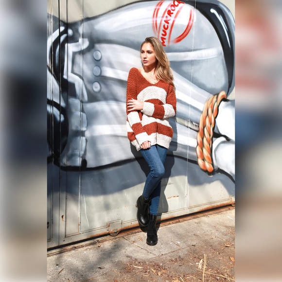 Soft Sherpa V Neck Stripe Oversize Sweater - Picture 5 of 5